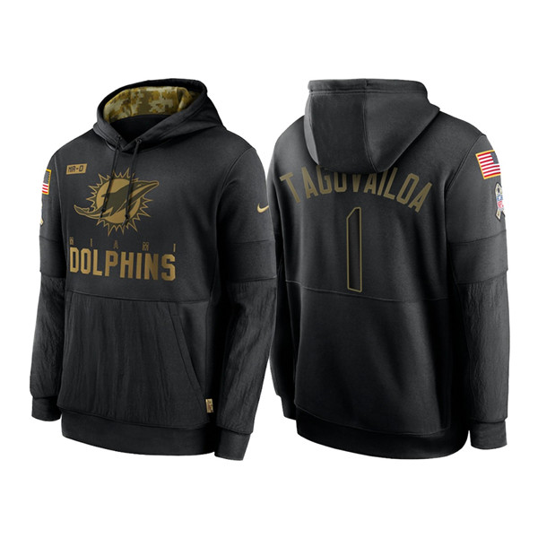 Men's Miami Dolphins #1 Tua Tagovailoa 2020 Black Salute to Service Sideline Performance Pullover Hoodie